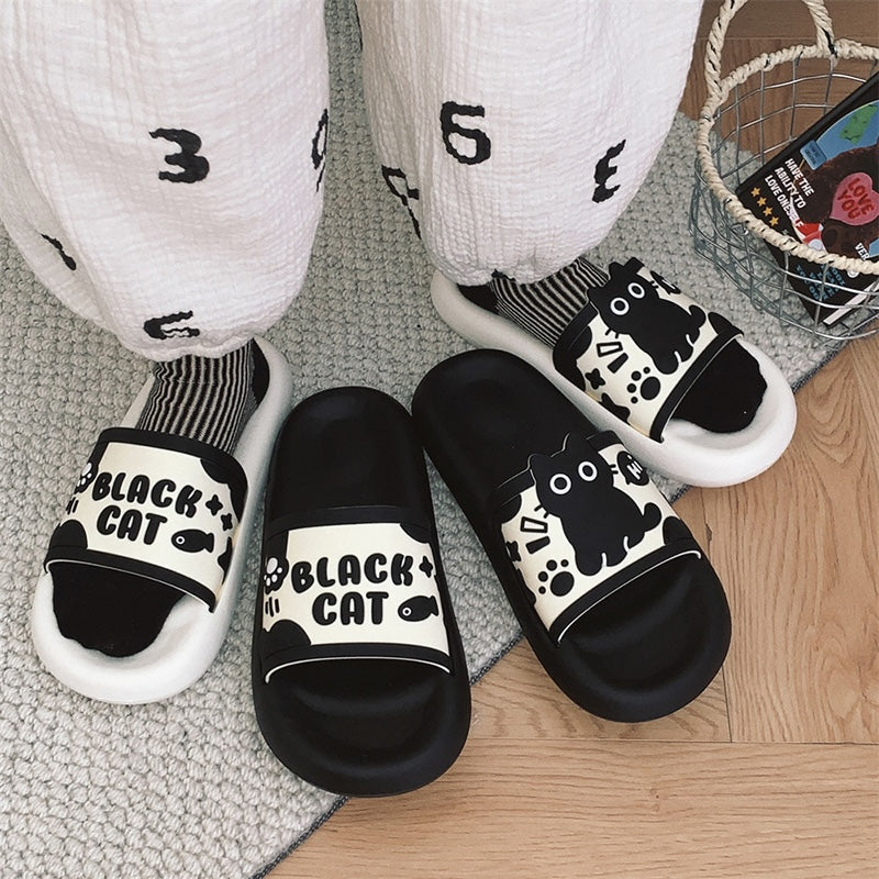 Cute black cat print EVA slide sandals with "Hi" bubble and text, all-EVA slip-on shoes for indoor and outdoor