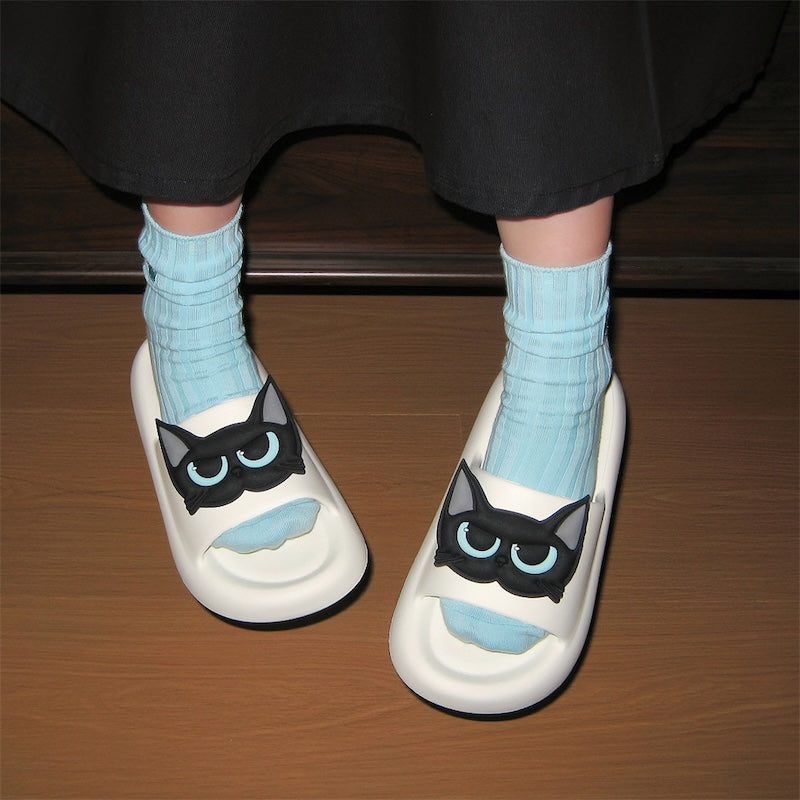 Cute white EVA cat face slide sandals with 3D blue eyes, summer slippers for indoor and outdoor