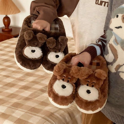Cute light brown dog plush slippers with white round muzzle and short ears, indoor shoes with EVA sole