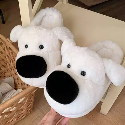 Cute white big nose dog plush slippers with black dot eyes and floppy ears, closed-back fuzzy indoor shoes with EVA sole
