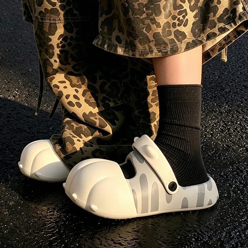 Cute gray tiger striped cat paw EVA clogs with 3D toes and adjustable strap, lightweight indoor shoes