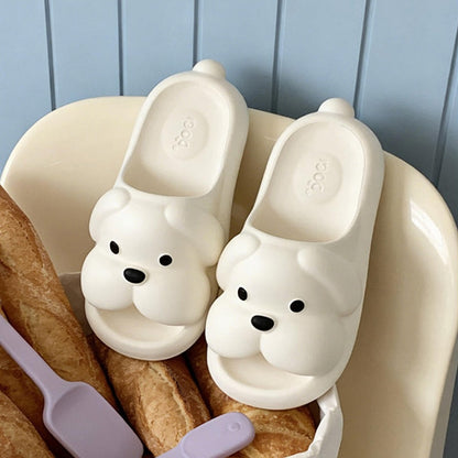 Cute white 3D dog EVA slide sandals with big nose and floppy ears, lightweight indoor slip-on shoes