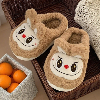 Cute khaki fuzzy bunny slippers with white face patch and short ears, indoor shoes with EVA sole