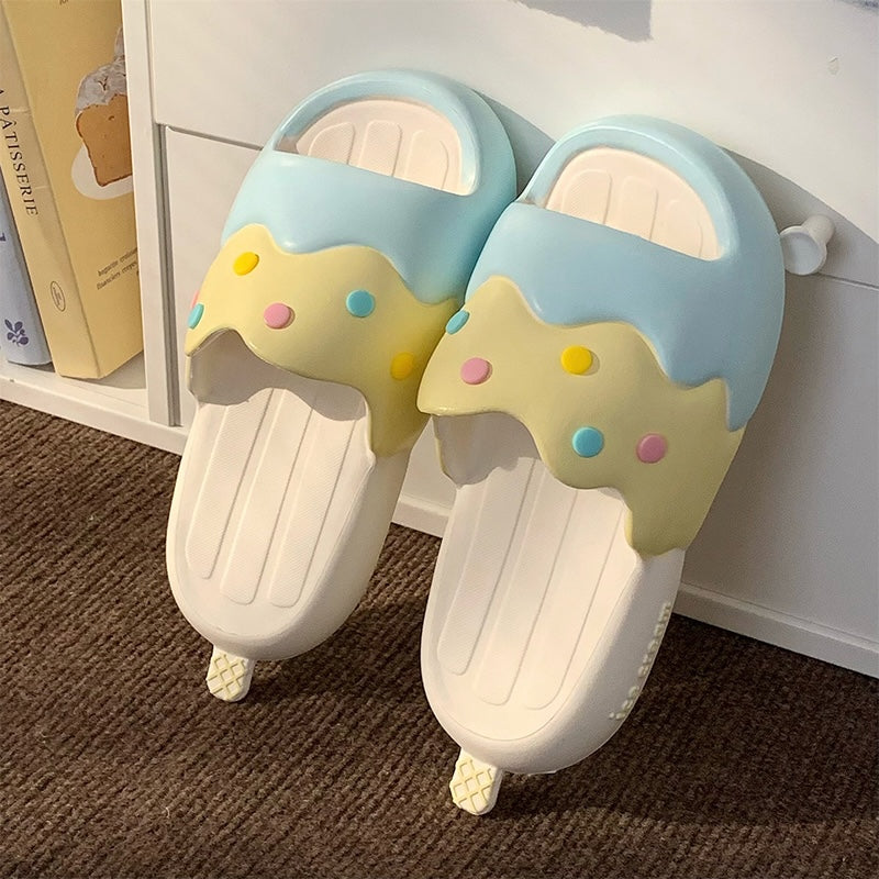 Cute light blue ice cream EVA slide sandals with colorful sprinkles and melted design, lightweight indoor slip-on shoes