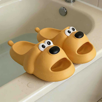 Cute yellow cartoon dog EVA slide sandals with big white eyes and small tail, lightweight all-EVA indoor shoes