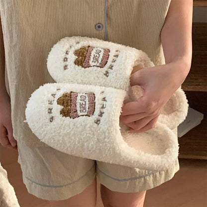 Cute white plush slippers with embroidered baguette patch, fuzzy indoor shoes with EVA sole