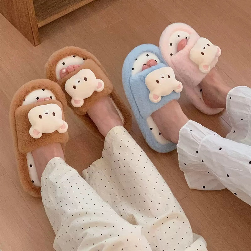 Cute pink fuzzy slide slippers with 3D bear charm and polka dot footbed, indoor shoes with EVA sole