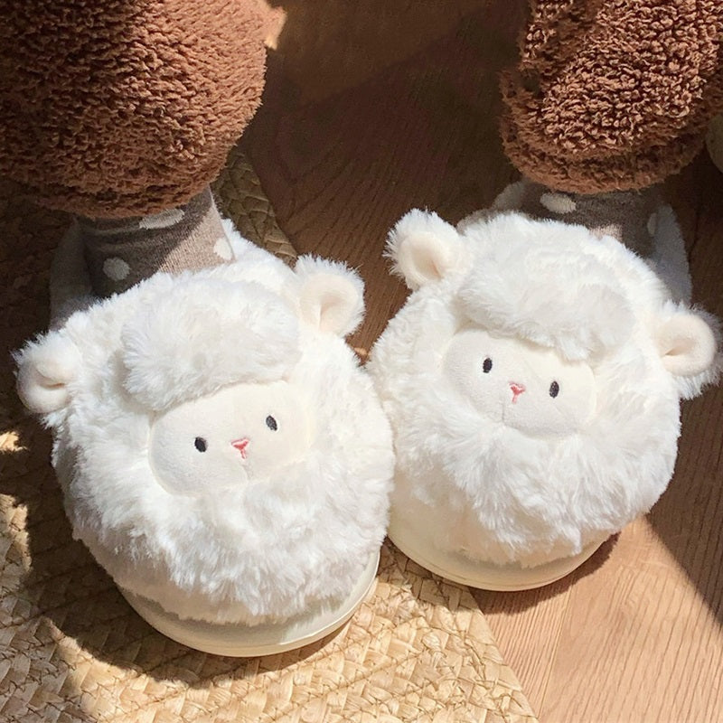 White long-fleece sheep plush slippers with pink-lined ears and black dot eyes, soft indoor footwear with EVA sole