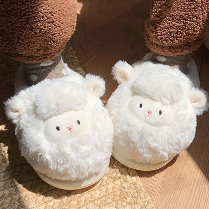 White long-fleece sheep plush slippers with pink-lined ears and black dot eyes, soft indoor footwear with EVA sole