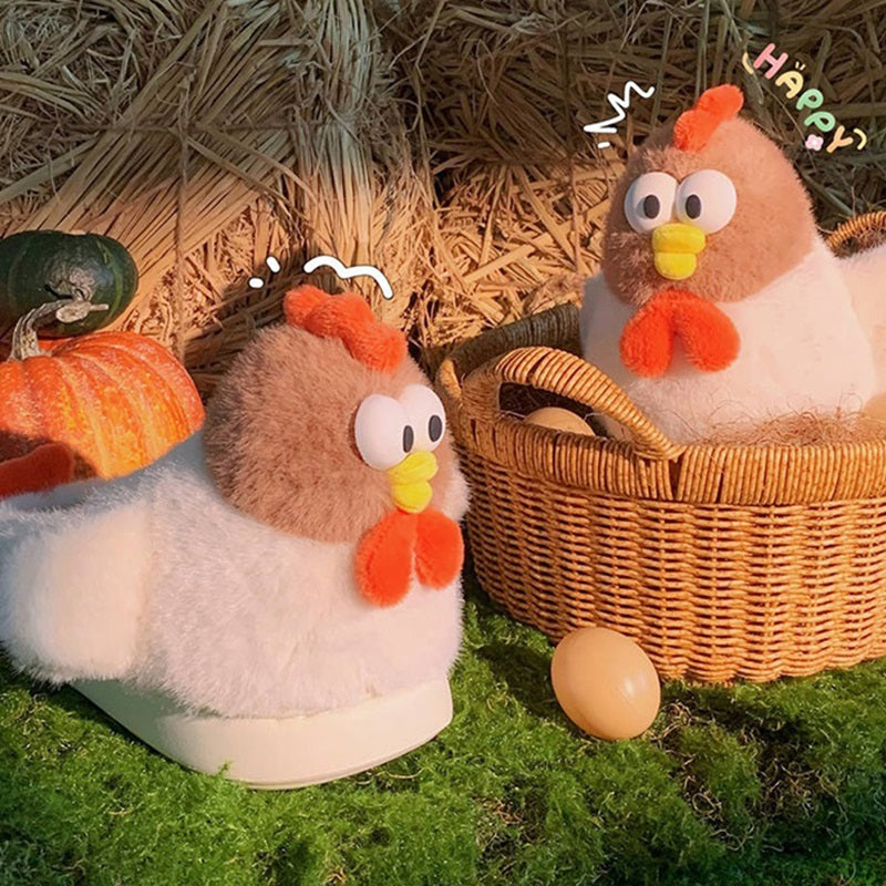 White cartoon chicken design plush slippers featuring large eyes and a vibrant orange comb, soft indoor footwear with EVA sole