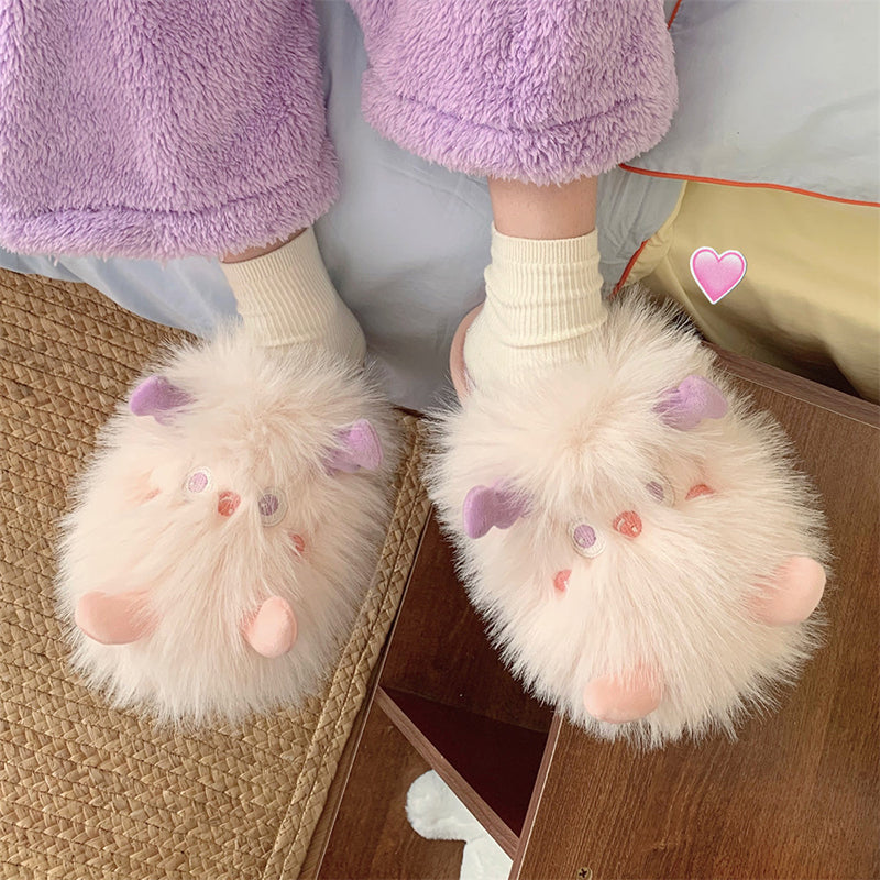 Extra fluffy pink sprite character plush slippers featuring purple ears and soft cheek patches, cozy indoor footwear with PVC sole