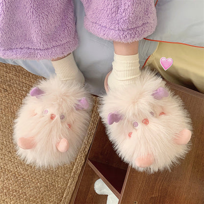 Extra fluffy pink sprite character plush slippers featuring purple ears and soft cheek patches, cozy indoor footwear with PVC sole