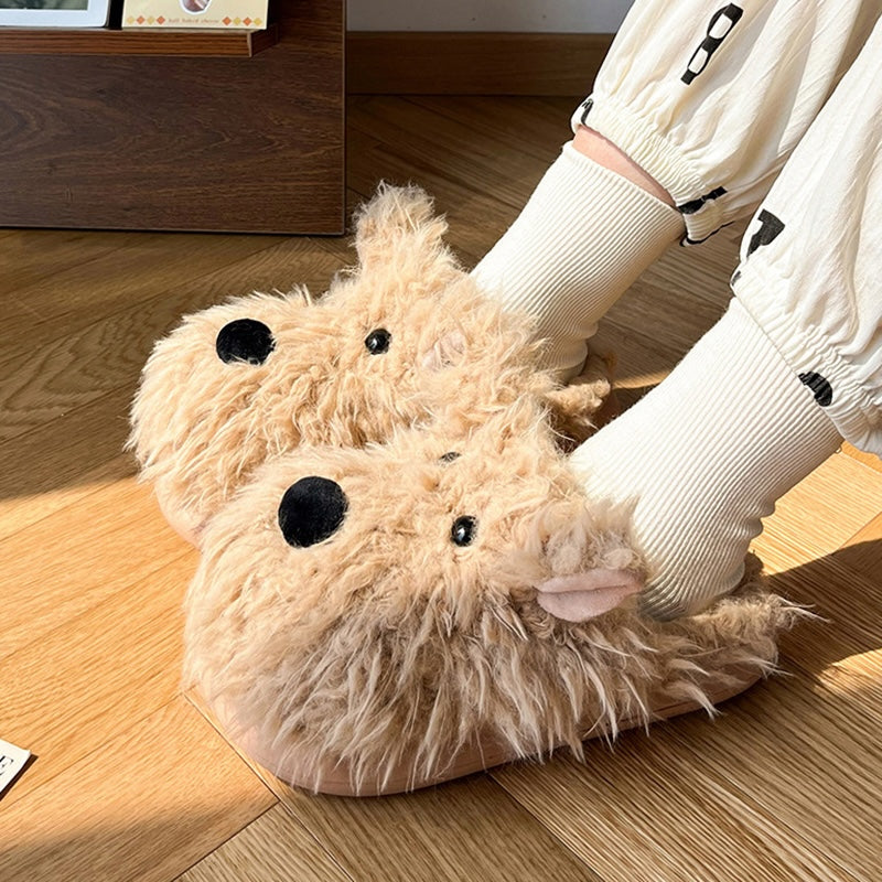 Cute brown shaggy dog plush slippers with large black nose and dot eyes, fuzzy indoor shoes with EVA sole