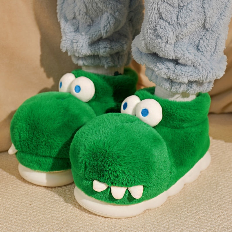 Green crocodile plush slippers with 3D eyes and white teeth, EVA sole