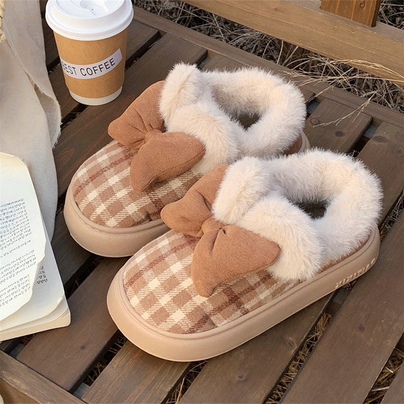 Cute brown checkered closed-back plush slippers with plush bow and fuzzy collar, indoor shoes with EVA sole