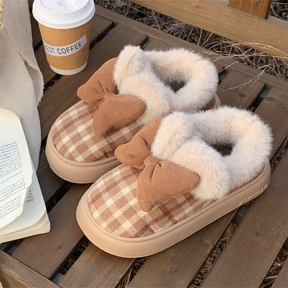 Cute brown checkered closed-back plush slippers with plush bow and fuzzy collar, indoor shoes with EVA sole