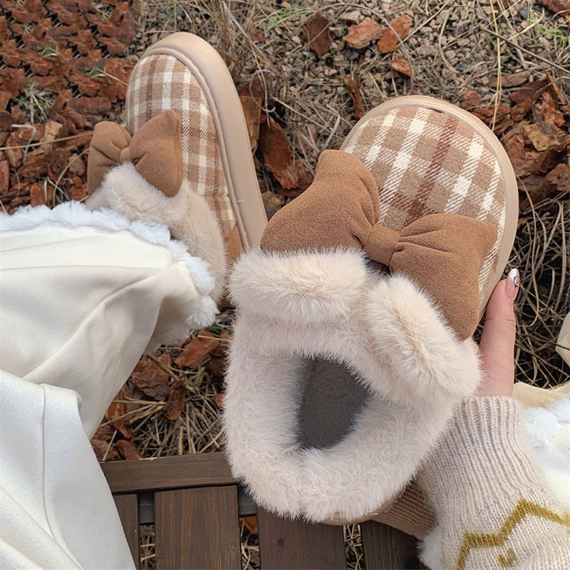 Cute brown checkered closed-back plush slippers with plush bow and fuzzy collar, indoor shoes with EVA sole