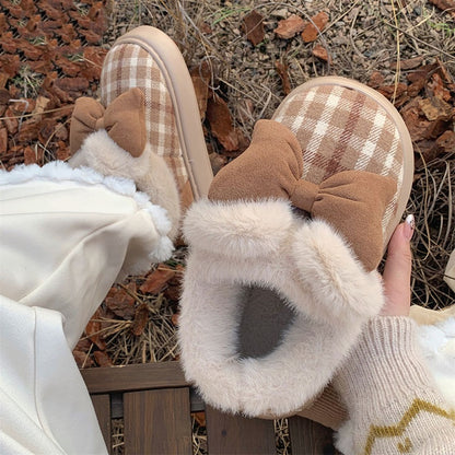 Cute brown checkered closed-back plush slippers with plush bow and fuzzy collar, indoor shoes with EVA sole