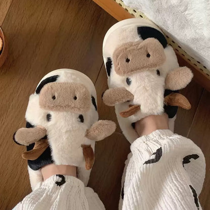 Animal winter cute adorable cow slippers aesthetic warm plush house shoes