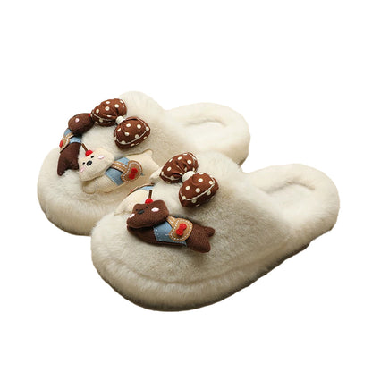 Beige fuzzy bear slippers with a cute 3D bear appliqué and a brown polka-dot bow, comfortable rubber sole home shoes
