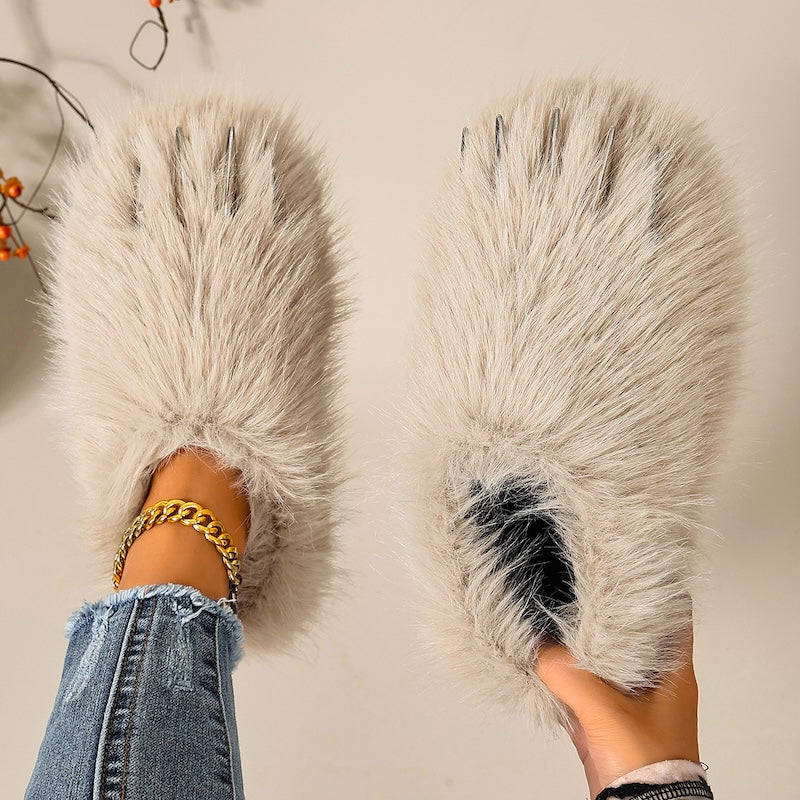 Beige winter cute cartoon y2k faux fur metal claw slippers