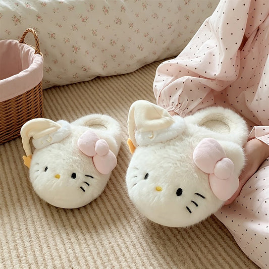 Beige winter cute sleeping hat hello kt cat slippers aesthetic warm plush house shoes