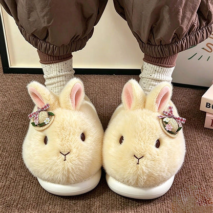 Beige winter cute straw hat bunny slippers aesthetic warm plush house shoes