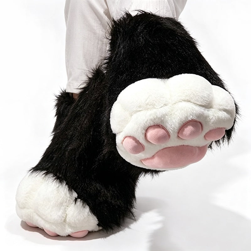 Black and white faux fur cat paw cosplay boots featuring four pink toe beans and a large main pad, 13.78-inch suede sole footwear