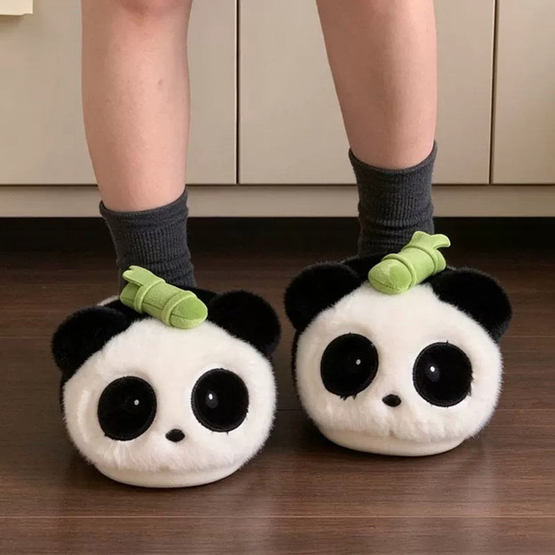 Black and white winter bamboo shoot cute panda slippers aesthetic warm plush house shoes
