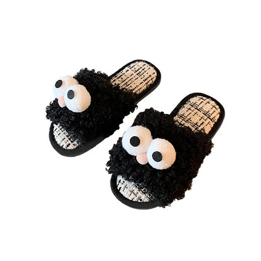 Black curly plush slippers featuring large white protruding eyes and a peach pom-pom, woven footbed indoor footwear with PVC sole