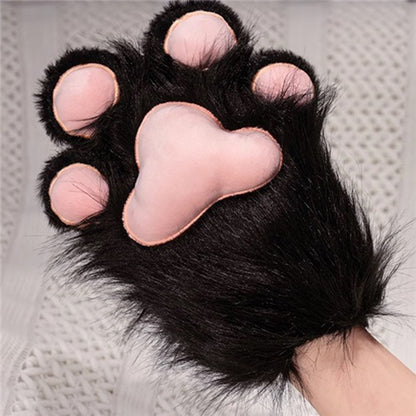 Black faux fur cat paw performance gloves with pink padded details, comfortable fabric lined cosplay handwear