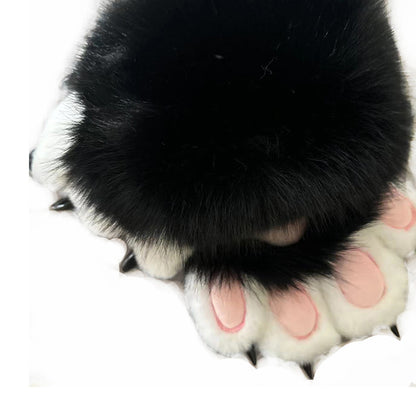 Black paw pad long-haired white fur cosplay gloves with three dimensional claws extending from each pad, plush character handwear