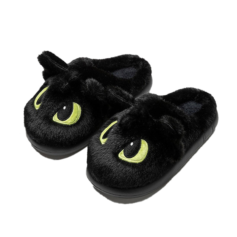 Black plush dragon slippers with big white-highlight eyes and small 3D ears, soft indoor home shoes with PVC sole