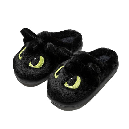 Black plush dragon slippers with big white-highlight eyes and small 3D ears, soft indoor home shoes with PVC sole