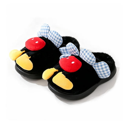 Black plush mouse slippers with blue gingham ears and a red top accent, cozy TPR sole indoor footwear