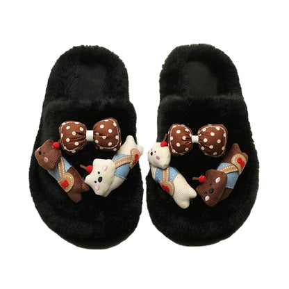 Black plush slippers decorated with a 3D bear wearing blue suspenders and a brown polka-dot bow, soft rubber sole indoor footwear