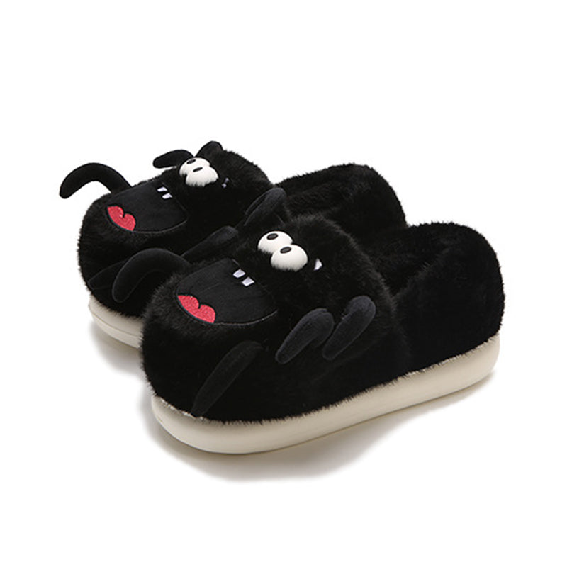 Black plush spider monster slippers with white eyes and black legs, cozy indoor shoes with EVA sole