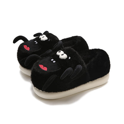 Black plush spider monster slippers with white eyes and black legs, cozy indoor shoes with EVA sole