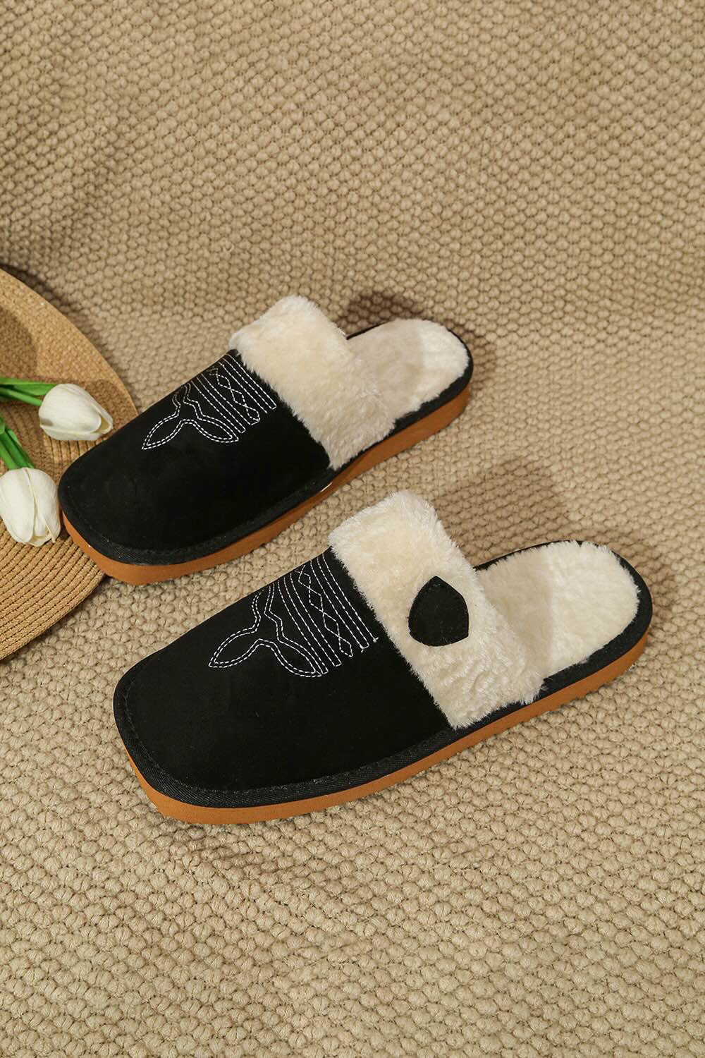 Black western cowgirl slippers aesthetic warm plush house shoes