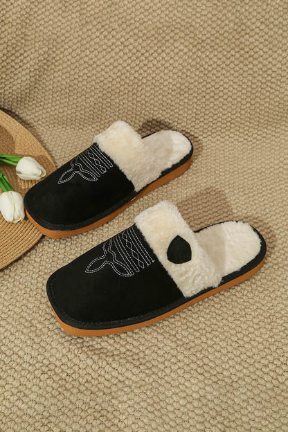 Black western cowgirl slippers aesthetic warm plush house shoes