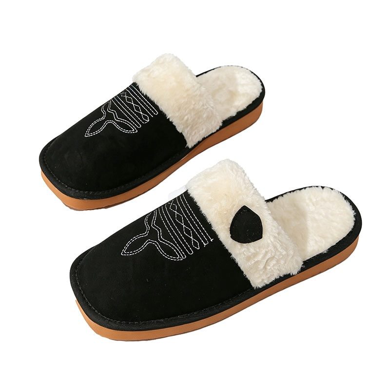 Black western design plush trim slippers with decorative stitching and oval patch, comfortable EVA sole home shoes