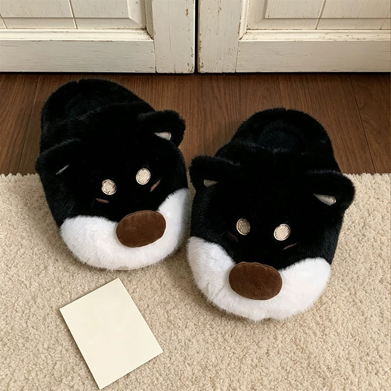 Black winter cute big nose shiba dog slippers aesthetic warm plush house shoes