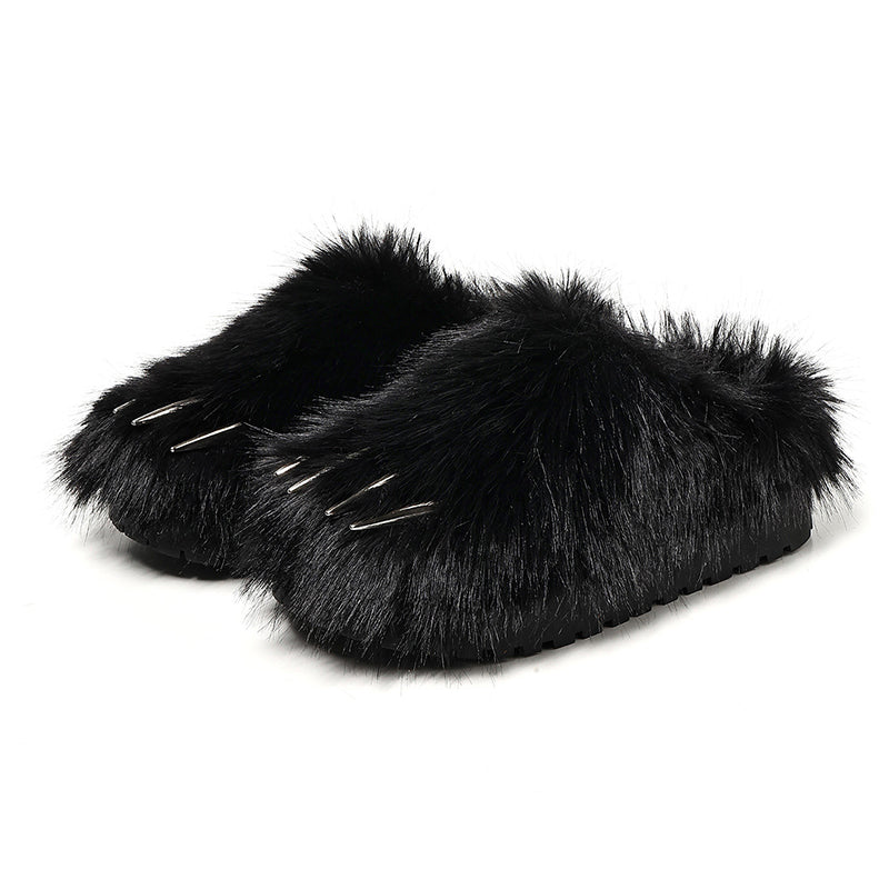 Black winter cute cartoon y2k faux fur metal claw slippers