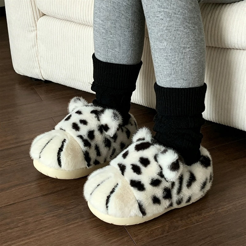 Black winter cute leopard cat paw slippers aesthetic warm plush house shoes