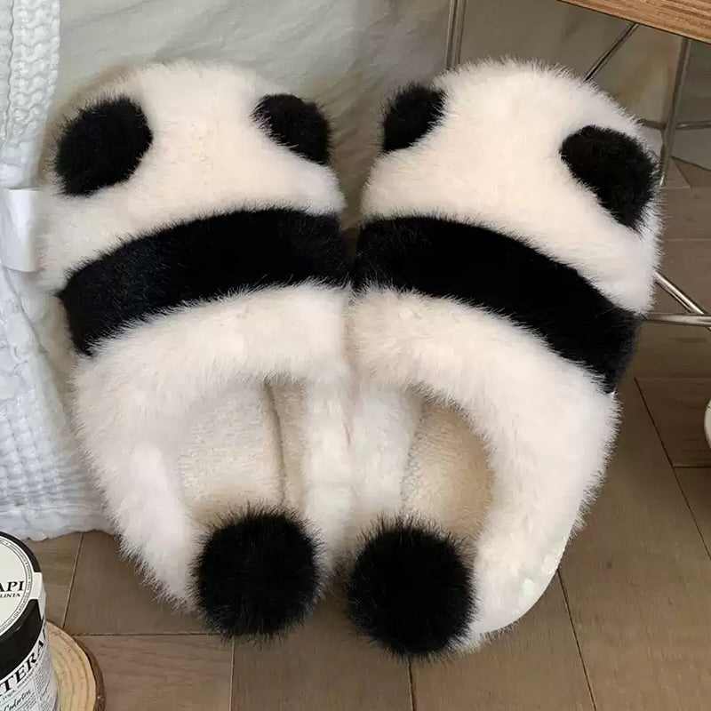 Black winter cute panda slippers aesthetic warm plush house shoes