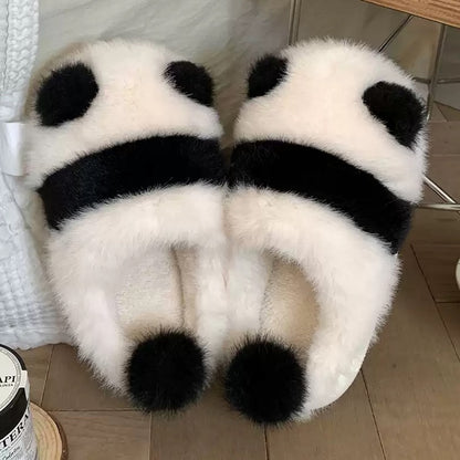 Black winter cute panda slippers aesthetic warm plush house shoes