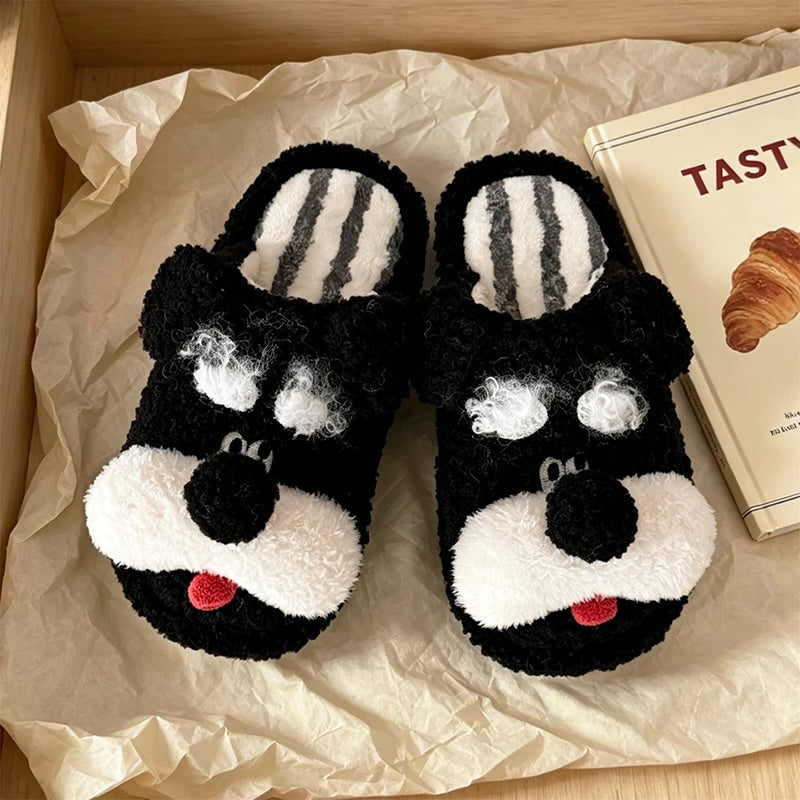 Black winter cute schnauzer dog slippers aesthetic warm plush house shoes
