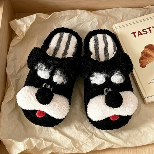 Black winter cute schnauzer dog slippers aesthetic warm plush house shoes