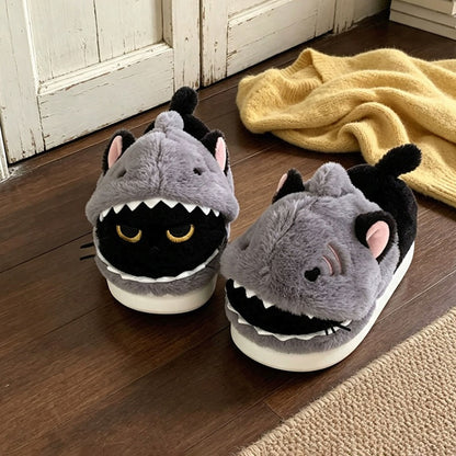 Black winter cute shark cat slippers aesthetic warm plush house shoes