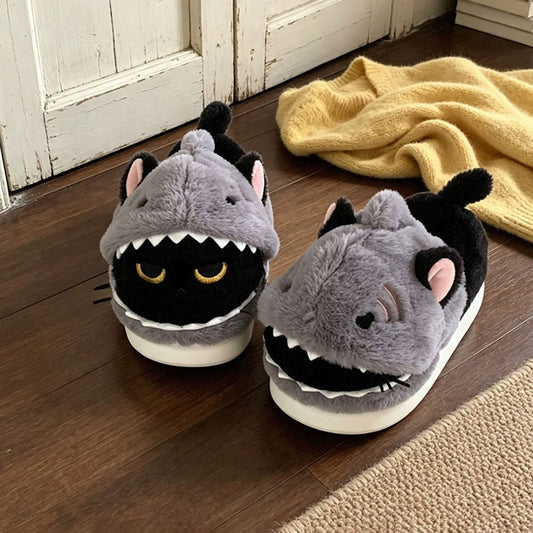 Black winter cute shark cat slippers aesthetic warm plush house shoes